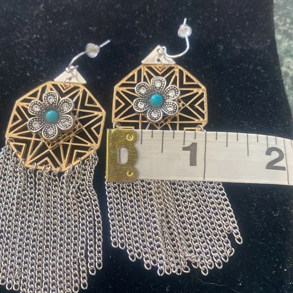 Silver & Gold with Rhinestones and Turquoise color Earrings - Picture 4 of 5
